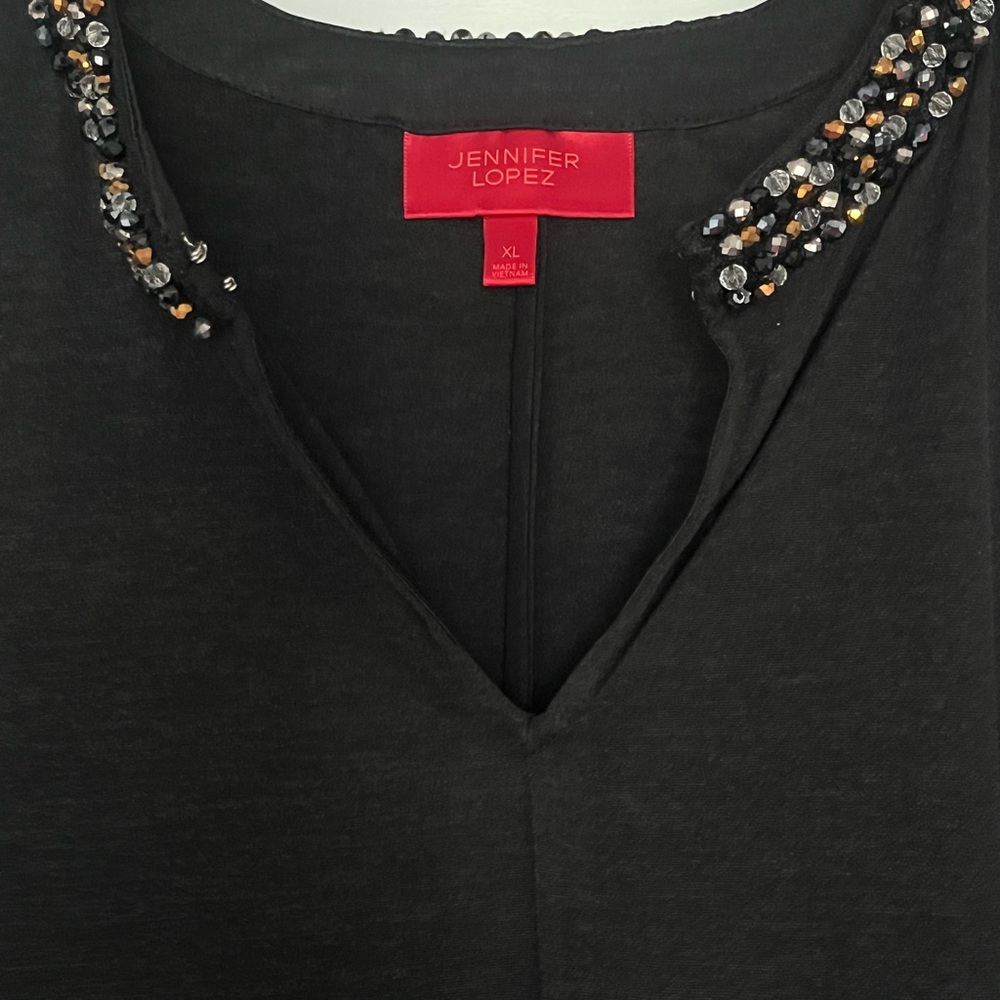 Jennifer Lopez Black Cold Shoulder Swing Top with Beaded Collar NWOT